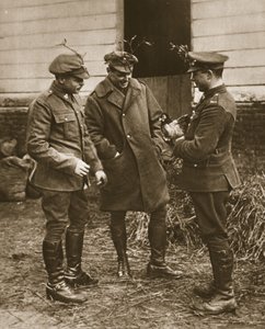 A typical British group: Mistletoe-wearing soldiers and a chicken for Christmas, illustration from 